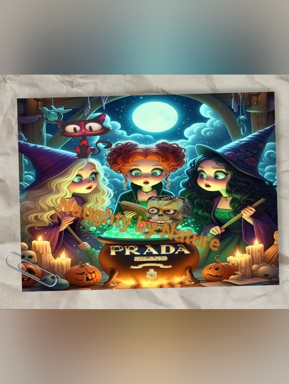 Prada Halloween Metal Poster — Witches in Purple & Green with Orange Accents